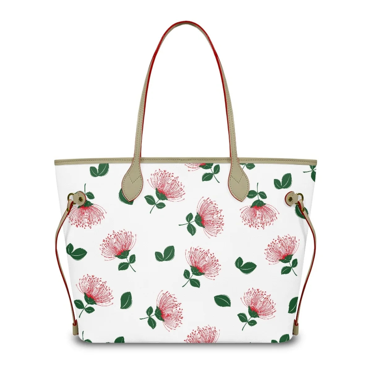 White leather designer tote handbag with red Ohia Lehua flower print, green leaves, and tan shoulder straps.