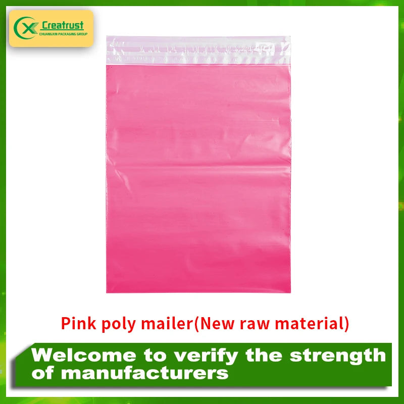 Pink poly mailer courier shipping bag with self-seal closure strip