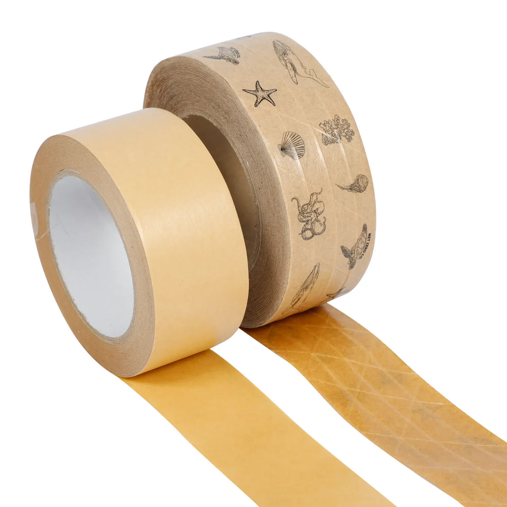 Brown kraft paper tape roll with star and shell icons printed along the label