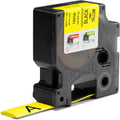 Heat-shrink label tape cartridge, black on yellow, dispensing label strip from printer