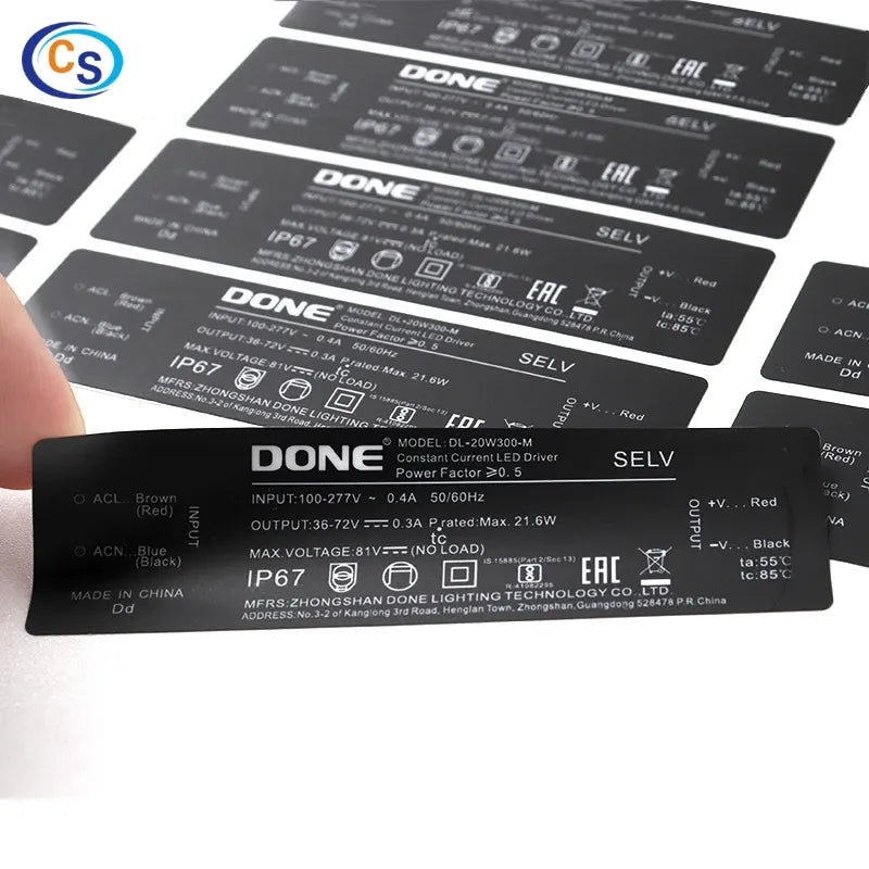 Black electronics specification label stickers with white text and certification icons