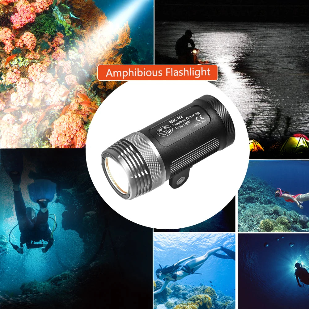Black cylindrical aluminum waterproof dive light with a silver bezel, designed for underwater illumination.