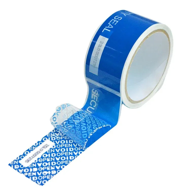 Blue security seal void tape roll with printed tamper-evident VOID markings on liner