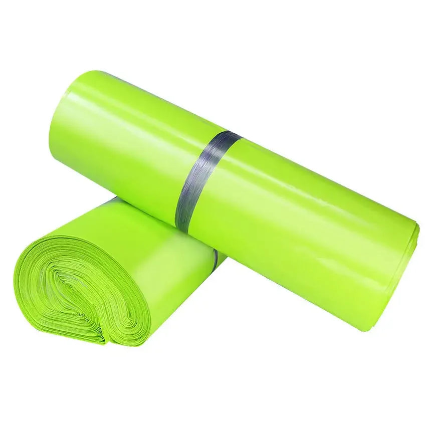 Neon green plastic packing roll set with two rolls and metallic band