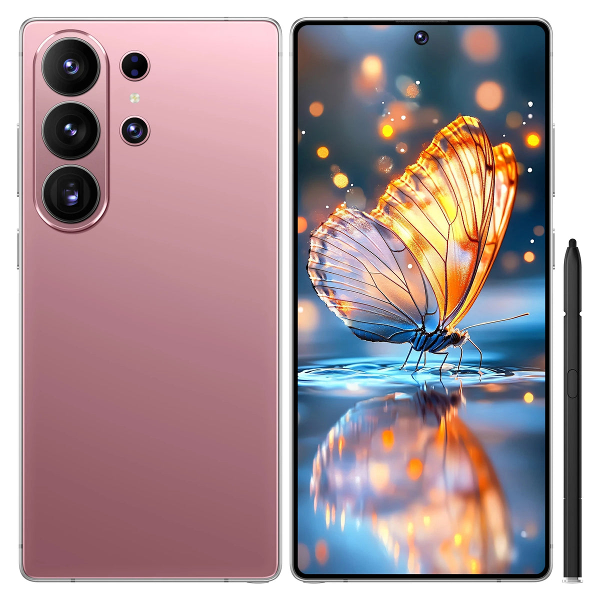 Pink smartphone with triple rear cameras and front display, plus stylus and side button.