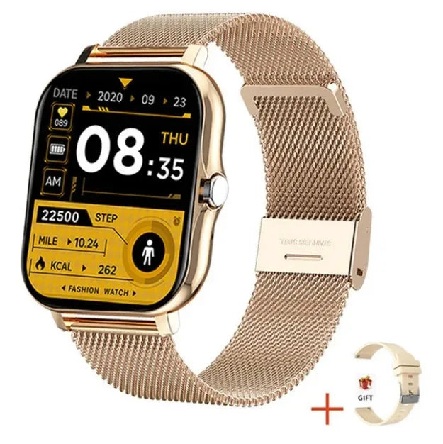 Gold rectangular smartwatch with a metal mesh band, fitness tracking digital display, and a spare silicone strap.
