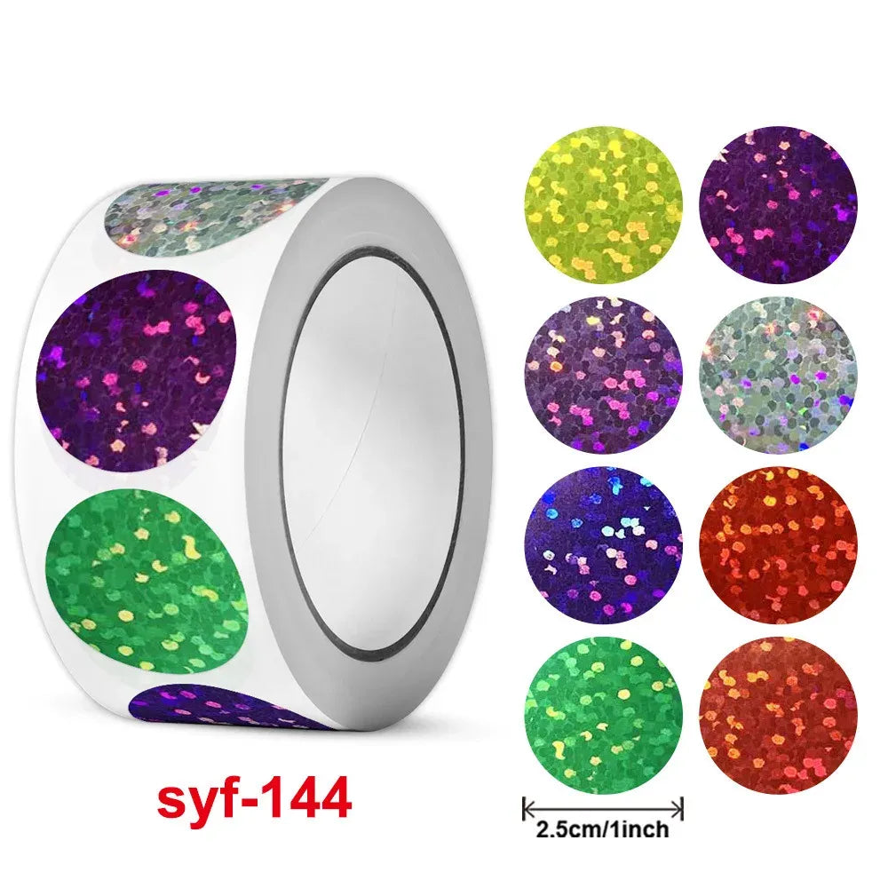 Holographic glitter sticker label roll with round multicolor sequin designs