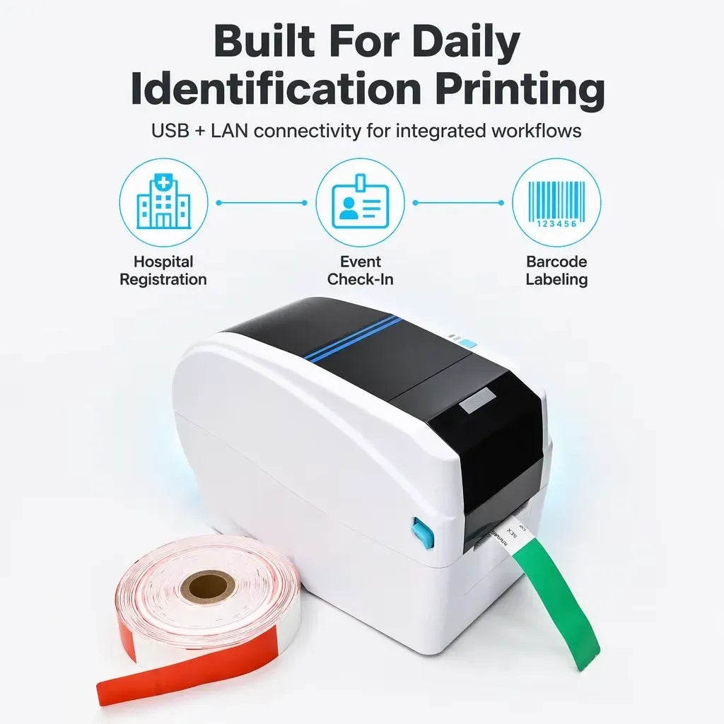 White label printer with label ribbon roll and green printed strip, compact desktop design.