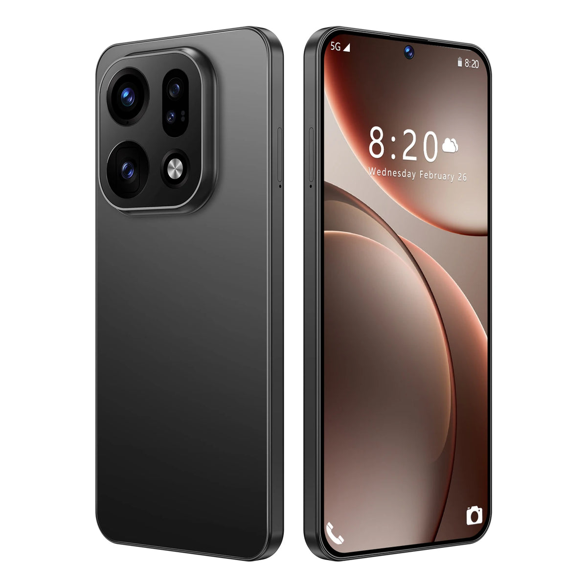Black unlocked smartphone with triple rear cameras and front display