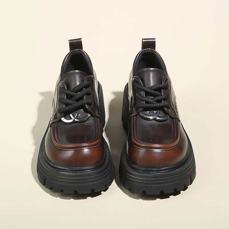 Elegant British-Style All-In-One Leather Platform Loafers Women Women's Thick Heel Fashion Head Lace-Up Small Leather Summer