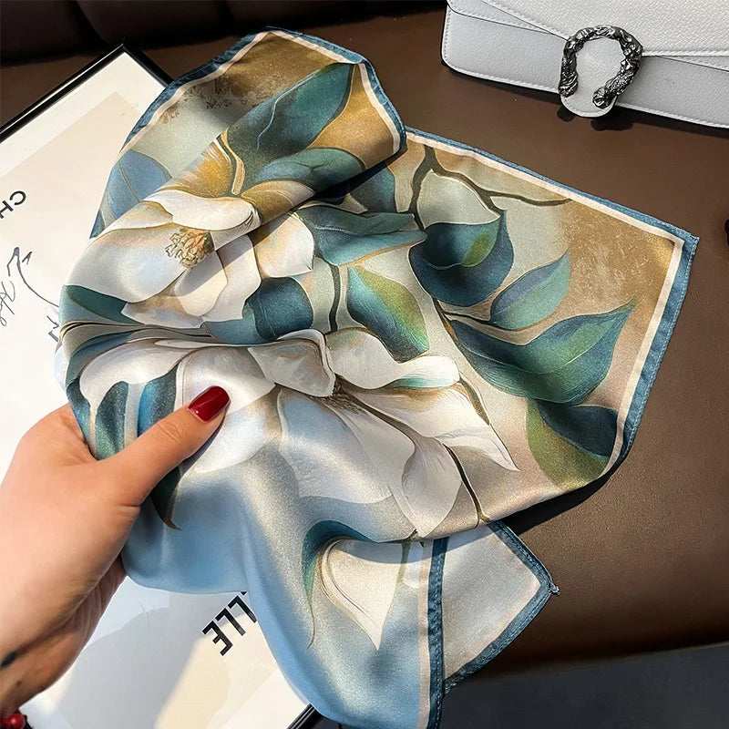 Women's Spring Autumn Mulberry Silk Square Scarf, Elegant Geometric Print, Soft & Smooth Neck Scarf