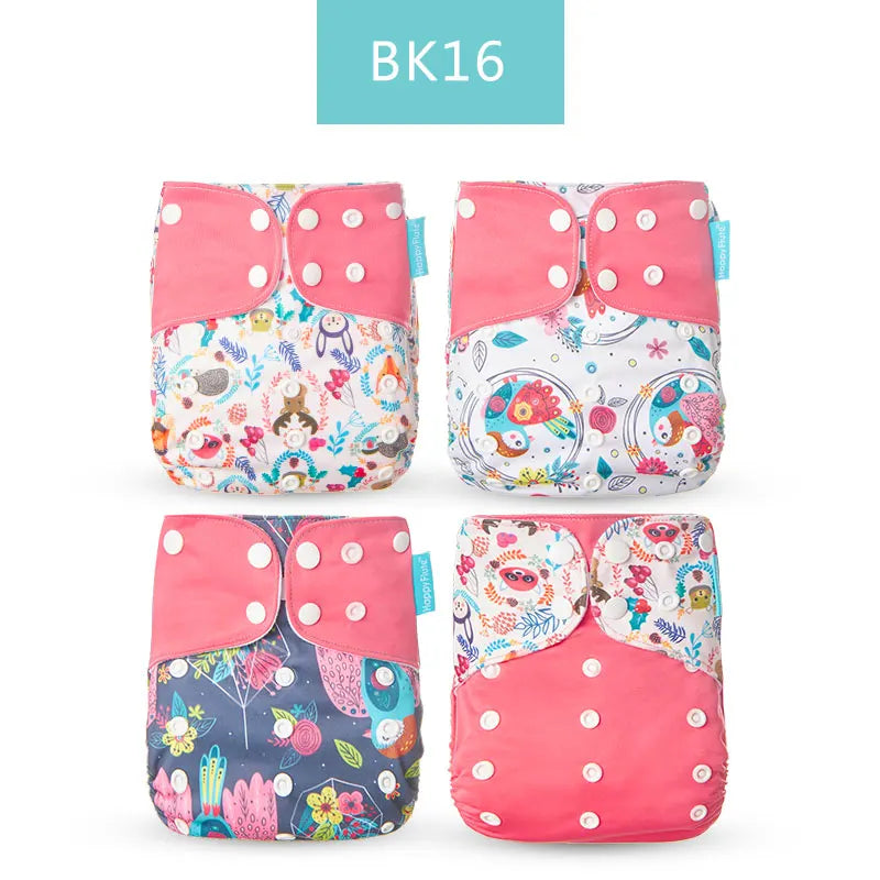 Happy Flute cloth baby diapers, pack of 4, assorted colorful animal and floral print designs with snap closures.