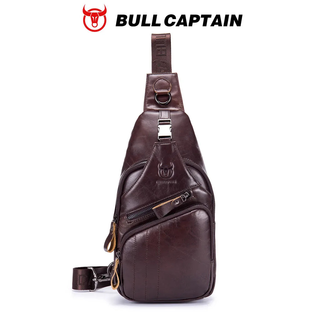 BULLCAPTAIN vintage brown cow leather crossbody sling bag for men with metal hardware, zip pockets, and logo.