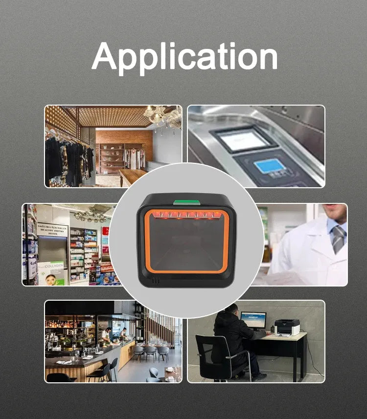 Desktop barcode scanner shown in a circular diagram with retail use photos