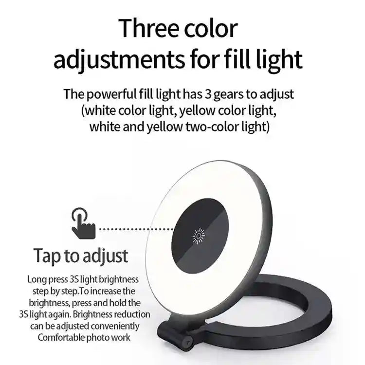 Small circular LED ring light with a black base and touch-sensitive brightness and color temperature controls.