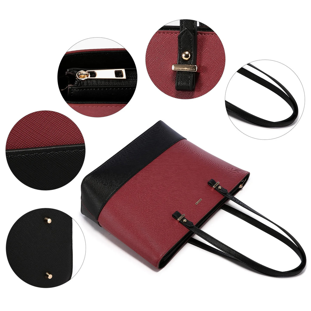 LOVEVOOK designer handbag set, red and black PU leather tote with gold hardware, zipper closure, and protective studs.