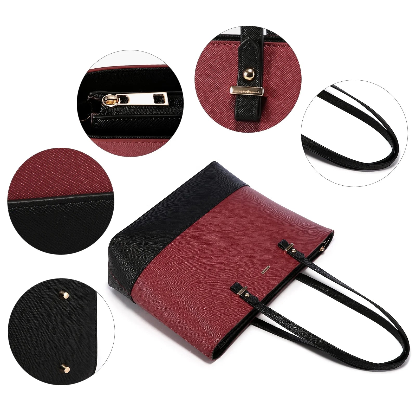 LOVEVOOK designer handbag set, red and black PU leather tote with gold hardware, zipper closure, and protective studs.