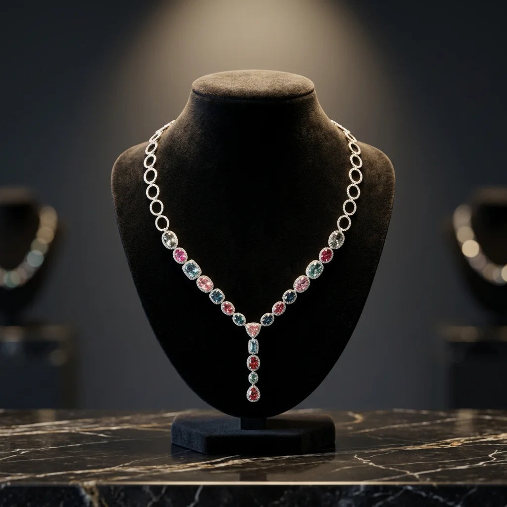 Luxury Women's 18K Solid Gold Pendant Necklace With Multicolor Gemstones Bezel Set Oval Link Chain Wedding Jewelry