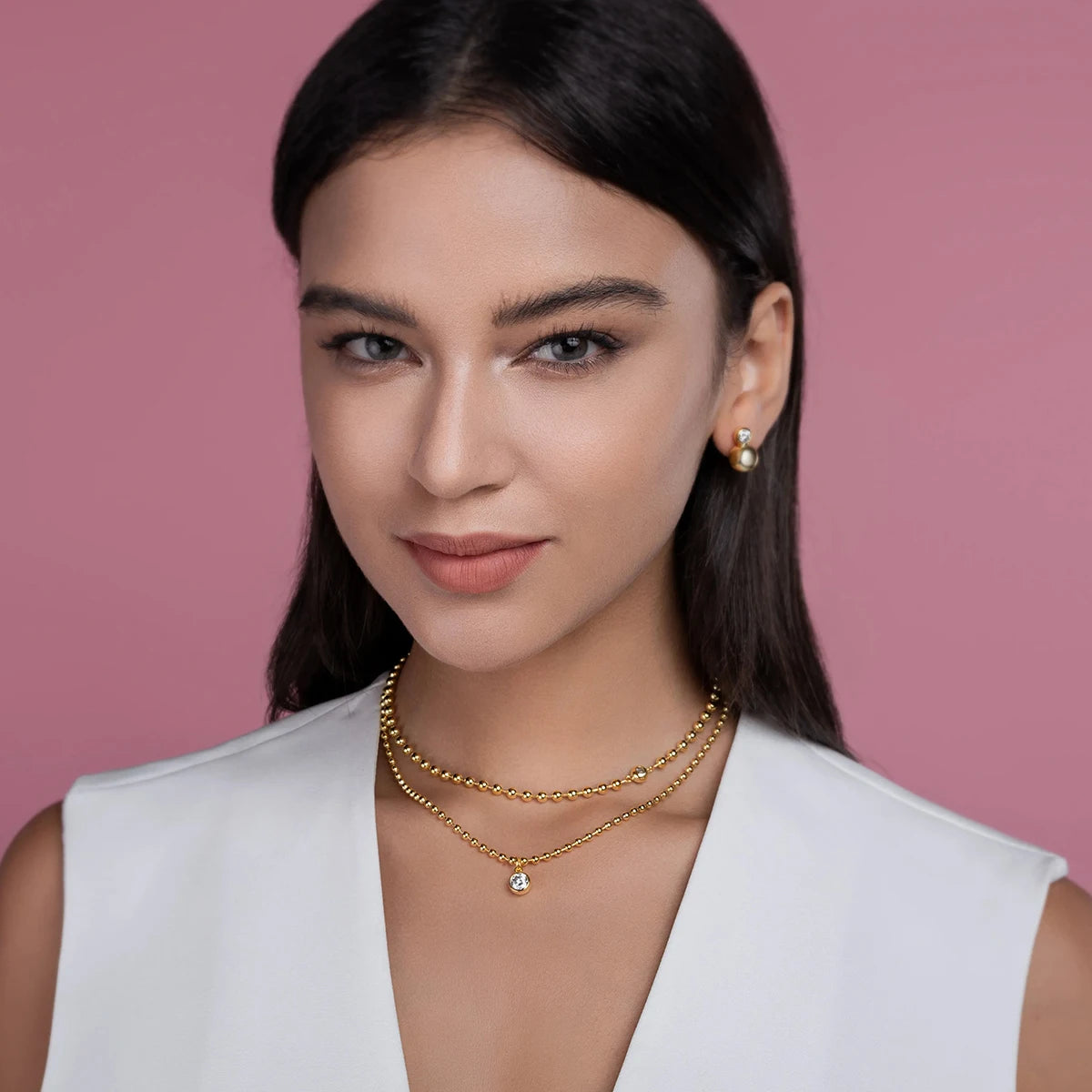 15114 Stacked Design 925 Sterling Silver D Color Moissanite Pendant with Gold Plated Stacking Chain Stylish Layered Necklaces