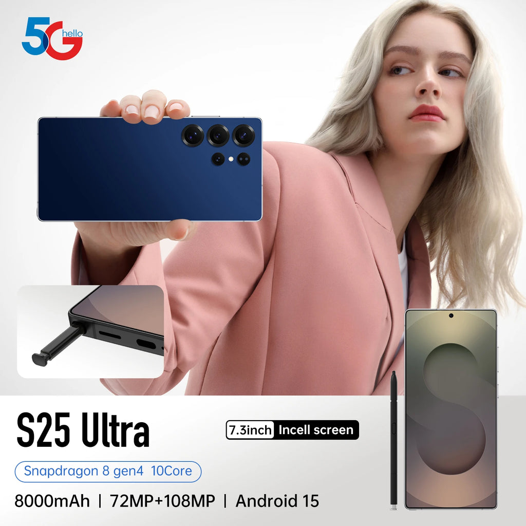 2025 S25 Ultra Deca Core Android Smartphone 7" LED 108MP 7800mAh 5G CDMA LTE French Spanish English Built-in Pen