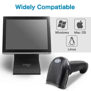 2D barcode scanner with USB cable, shown beside a desktop computer monitor