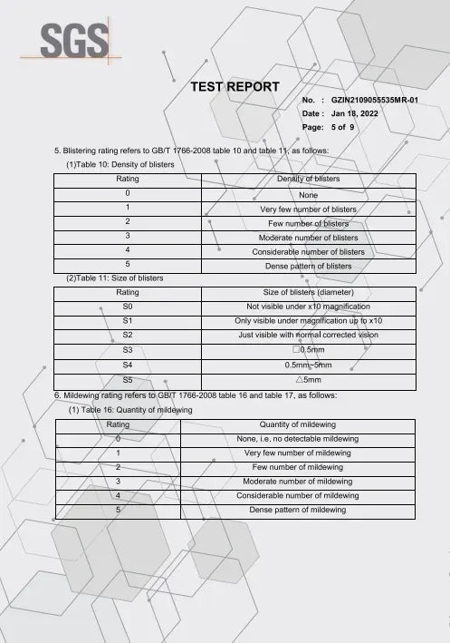 SGS test report page with tables and ratings for blistering and adhesion
