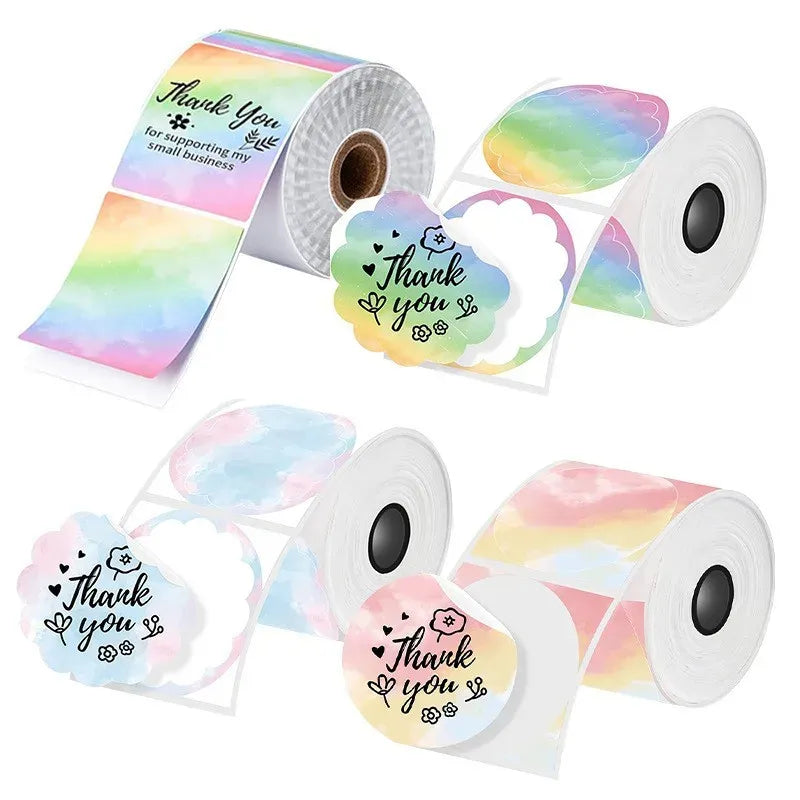 Rainbow holographic sticker label rolls with cloud-shaped thank-you labels