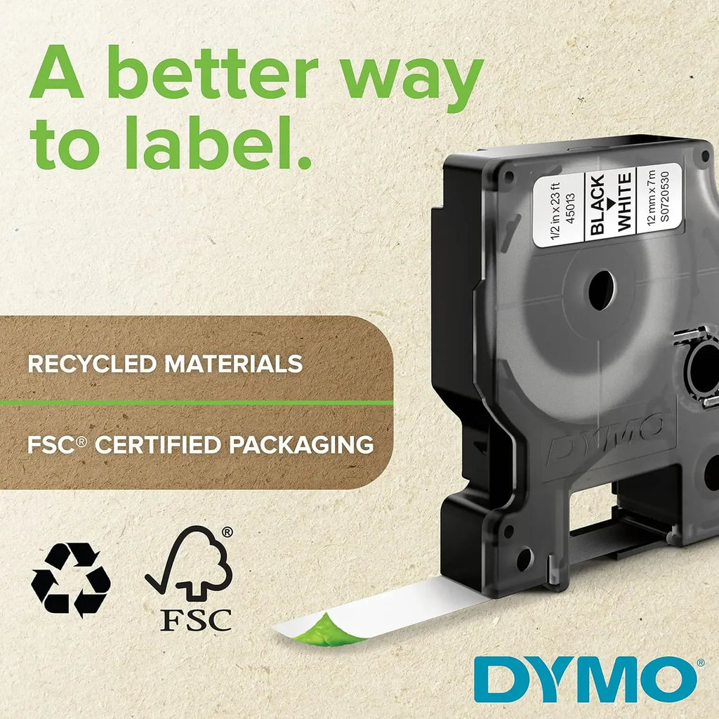 DYMO label maker cassette with black-on-yellow heat-shrink label tape