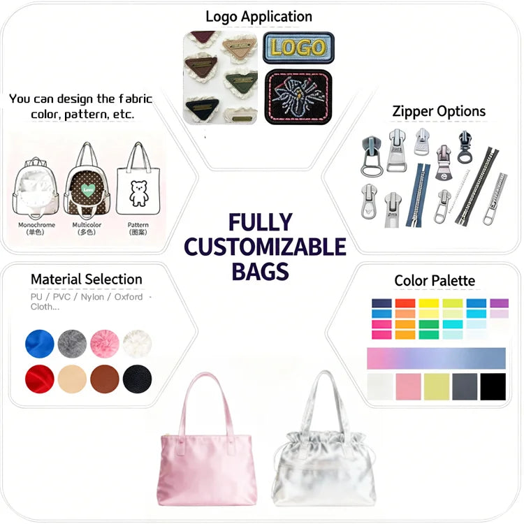 Customizable designer handbags: choose fabrics, colors, logos, and zippers for luxury commute and pillow shoulder bags.