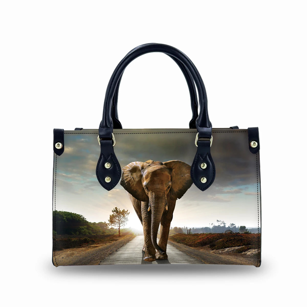 Genuine leather trunk handbag featuring an elephant print, black top handles, and metallic buckle side accents.