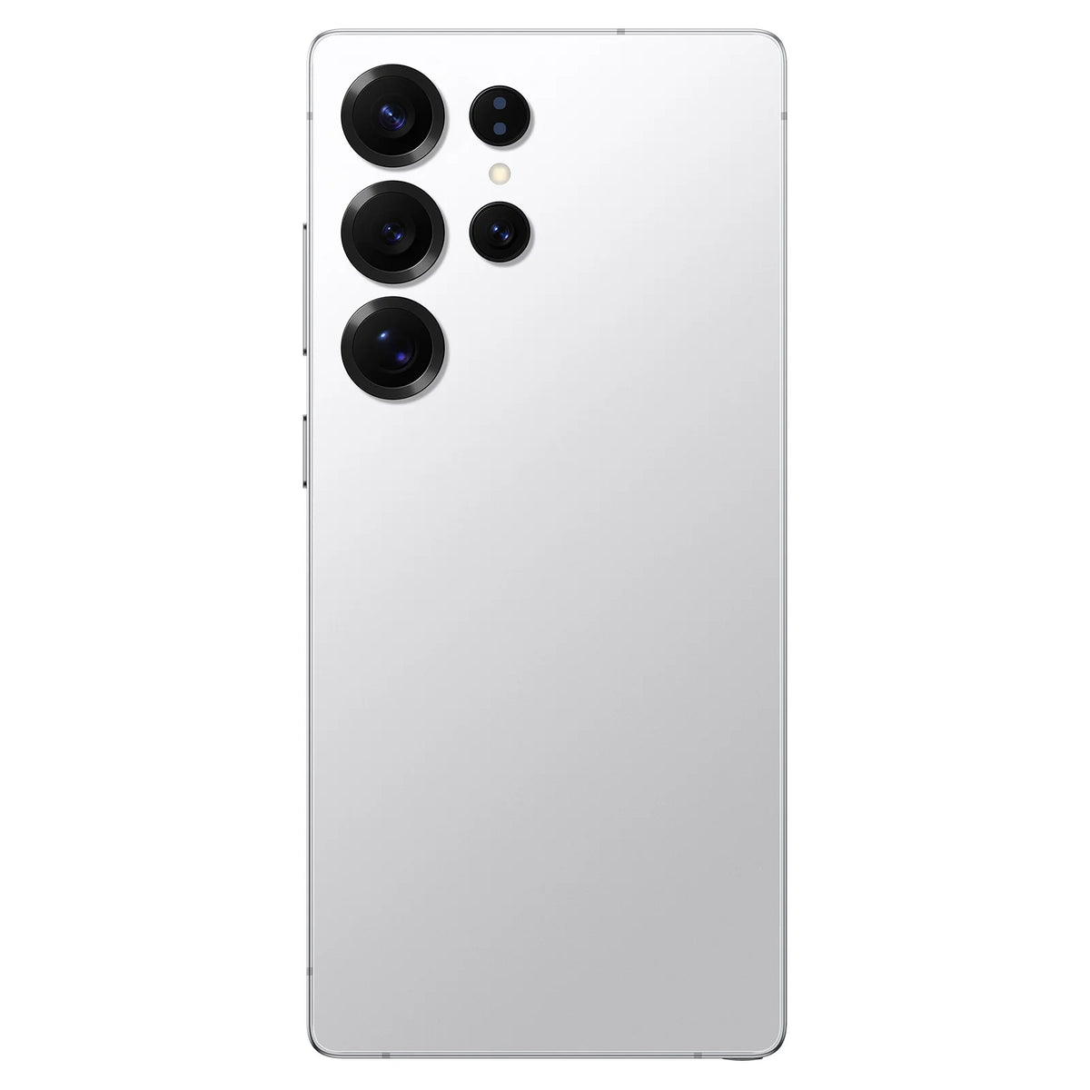 Unlocked Android smartphone back view, white with triple rear cameras