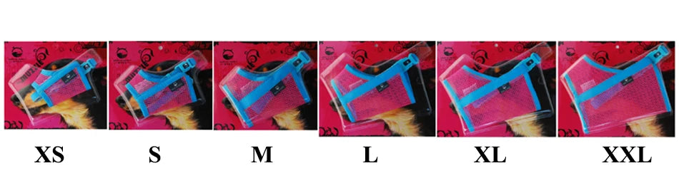 Breathable nylon mesh dog muzzle for safe, comfortable training. Adjustable sizes XS-XXL in pink and blue.