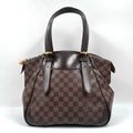 Brown Damier canvas designer shoulder bag with dark leather trim and gold hardware, vintage luxury unisex style.