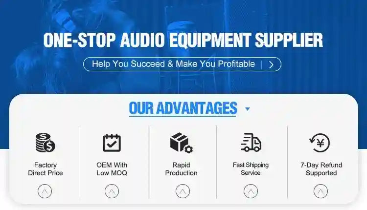 Banner showing business advantages for an audio equipment supplier, including pricing, production, and shipping