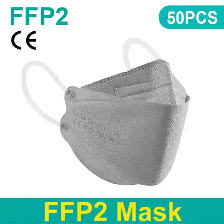 Gray 4-layer FFP2 KN95 face mask with breathable fabric texture, ear loops, and CE certified respirator design.