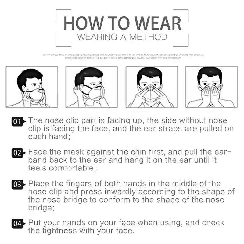 Black and white illustration showing step-by-step instructions for wearing an FFP2 KN95 4-layer protective face mask.