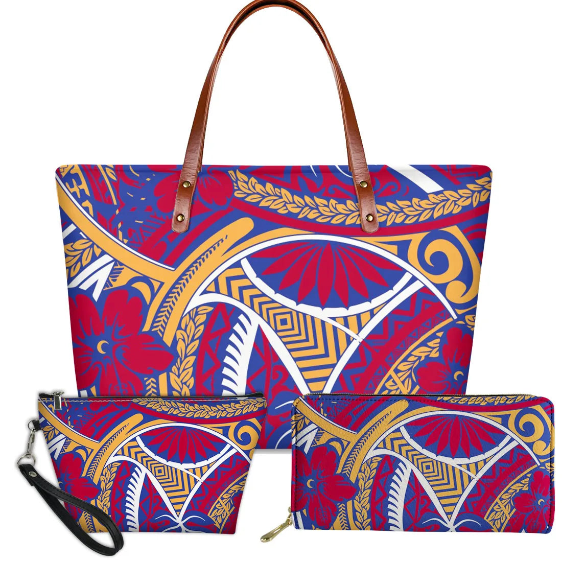 3-piece handbag set with red, blue, and gold Polynesian tribal turtle and floral print, leather-look straps.