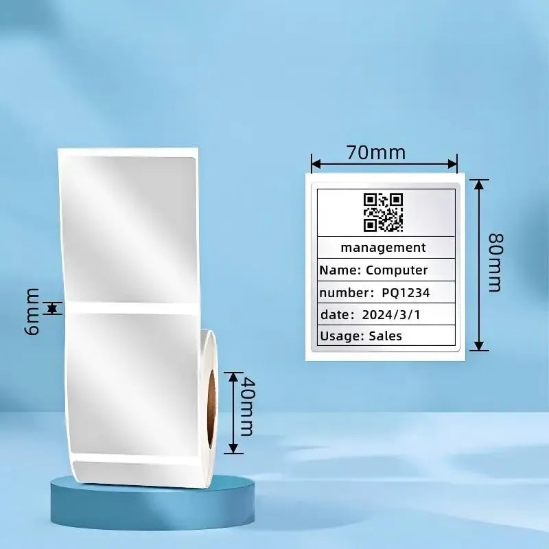 Matte silver thermal label sheet, 70x80mm, with QR code and printed sample area