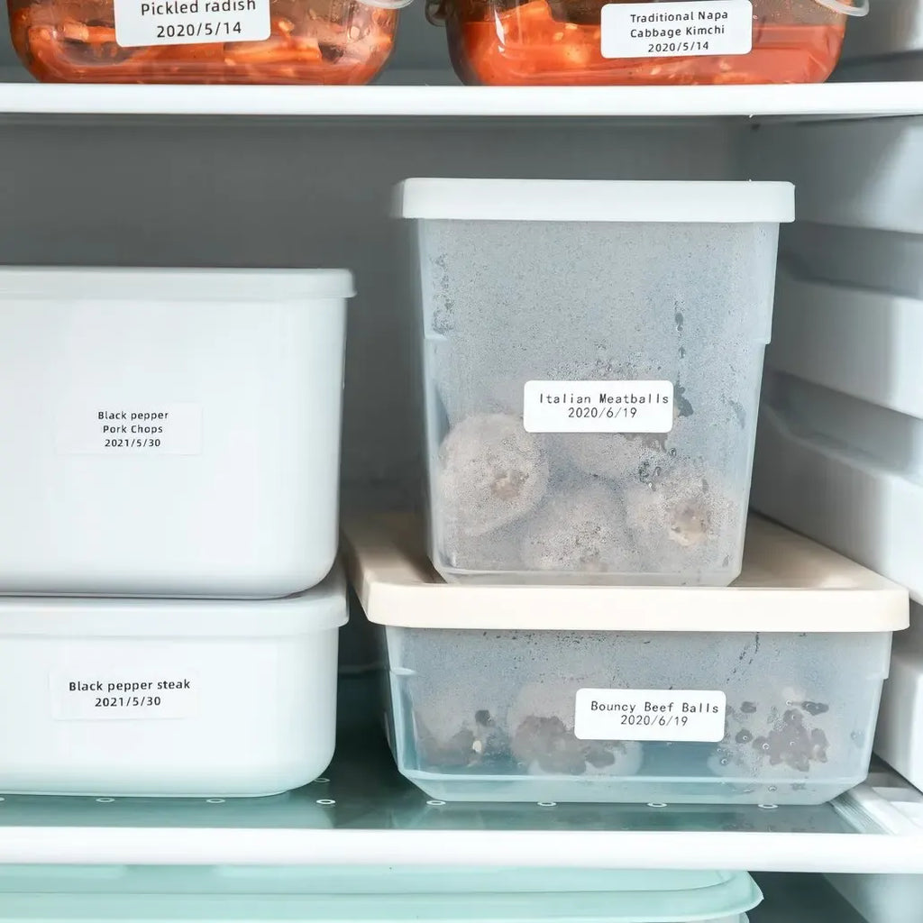 Freezer storage containers with printed thermal labels for organizing