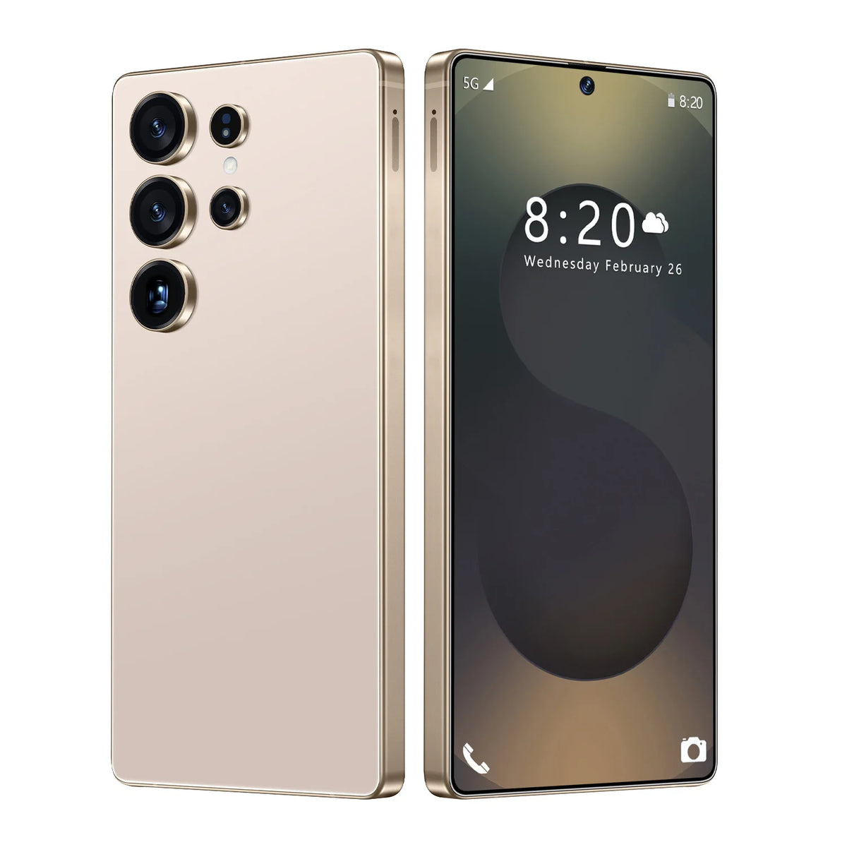 Gold dual-SIM smartphone with four-lens camera module and front display, slim bezel