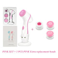 Pink sonic facial cleansing brush set with 3 replacement heads for deep skin cleaning and blackhead removal.