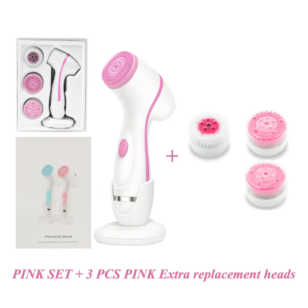 Pink sonic facial cleansing brush set with 3 replacement heads for deep skin cleaning and blackhead removal.