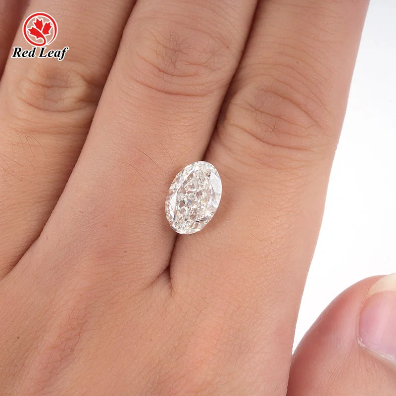Oval lab-grown diamond, clear faceted loose gemstone on open palm