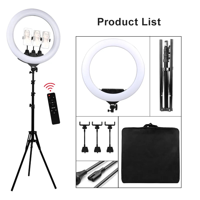 LED ring light with tripod stand, three phone holders, remote control, and carry bag for photography and video.