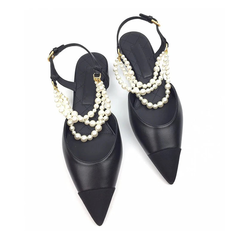 2026 Summer New Pointed High Heels Color Blocked Pearl Chain Toe Women's Sandals