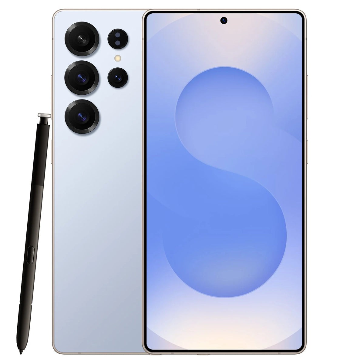 6.8-inch smartphone with stylus; white back, quad camera lenses; front blue abstract display