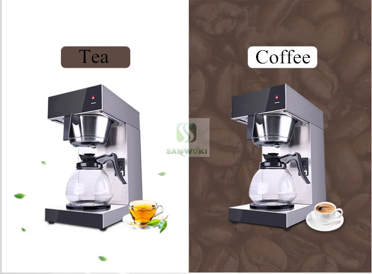 Sanwoki stainless steel coffee and tea maker with glass carafe on split white and coffee bean background.