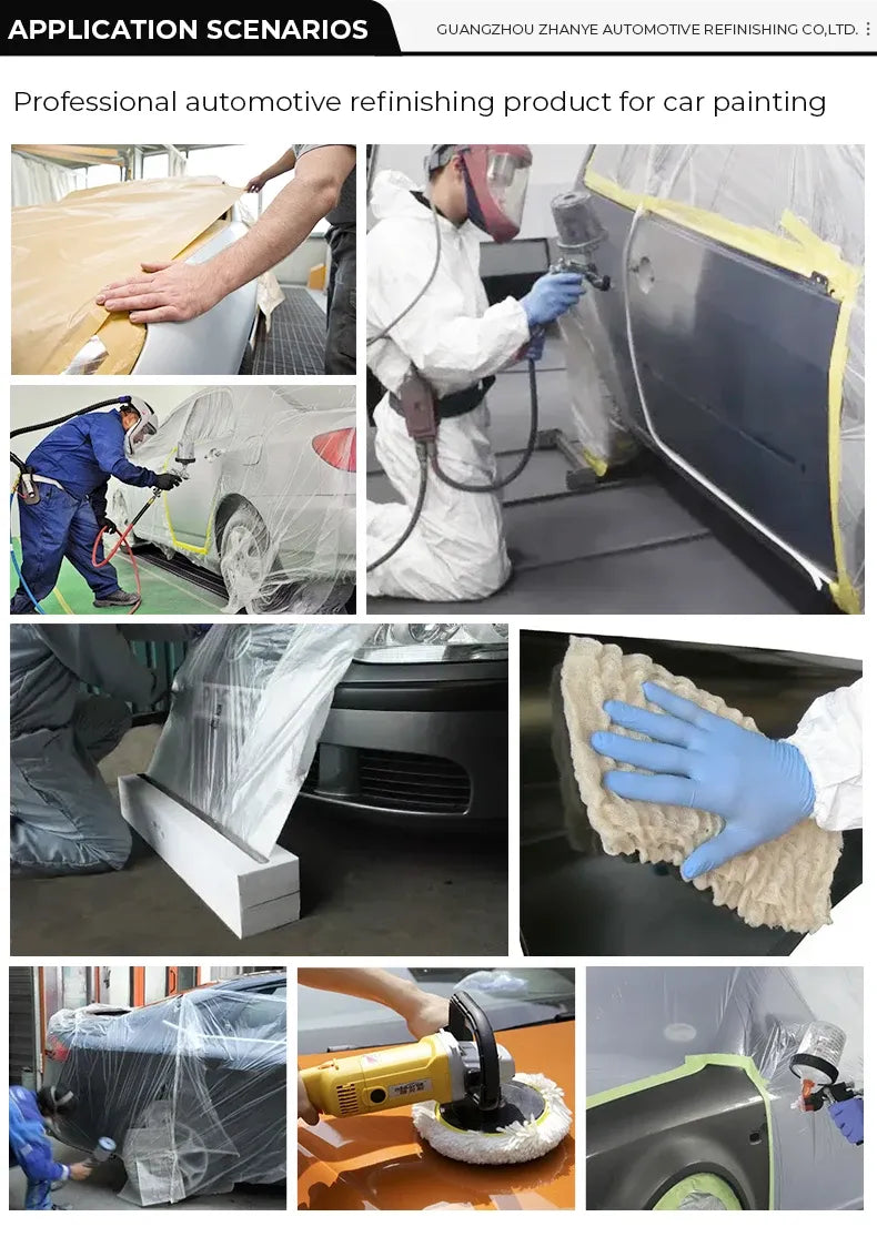 Car paint masking film applied around vehicle panels in a use collage
