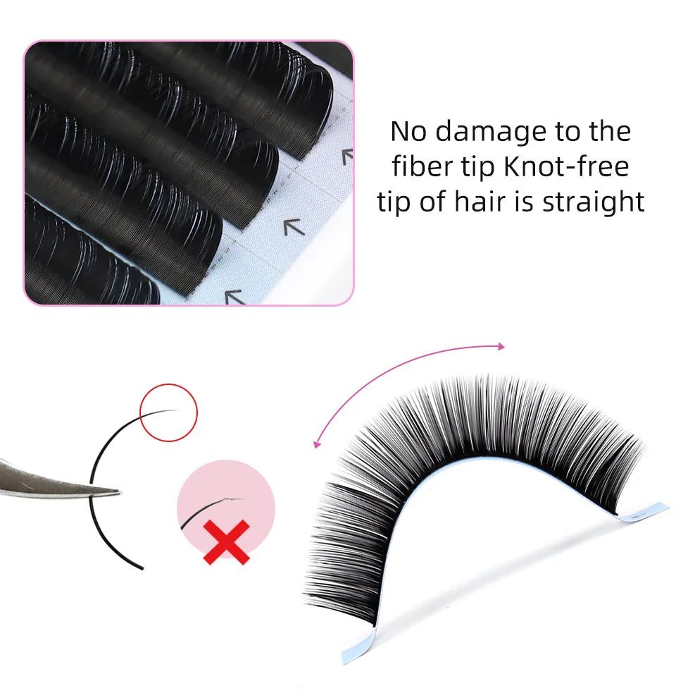 Black Tidesmit Russian volume silk lash extensions, 0.03mm thickness, featuring knot-free, straight fiber tips.