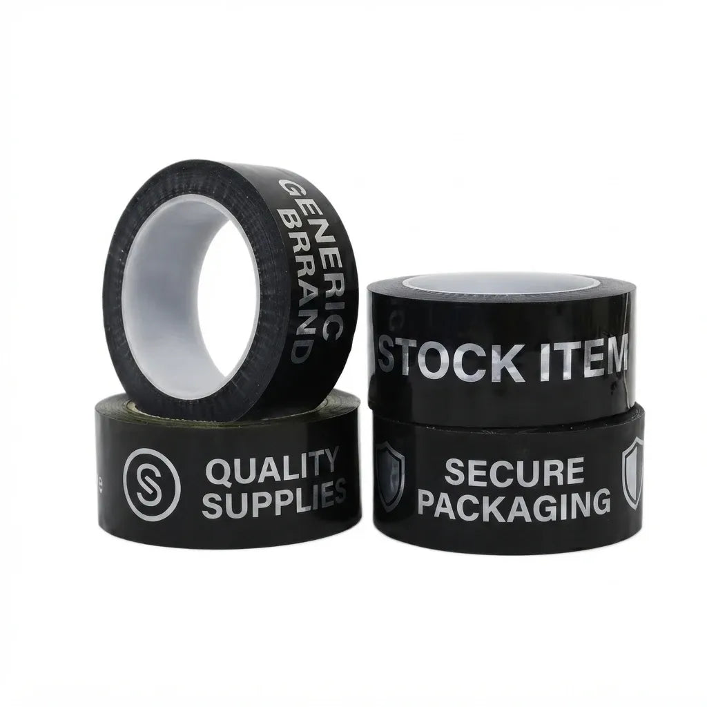 Black packing tape rolls with printed branding, secure packaging adhesive tape
